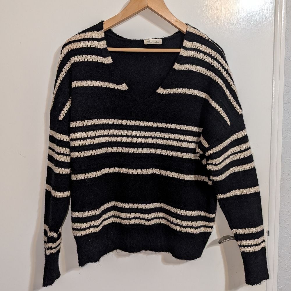 Striped V-Neck Sweater - Black and Cream